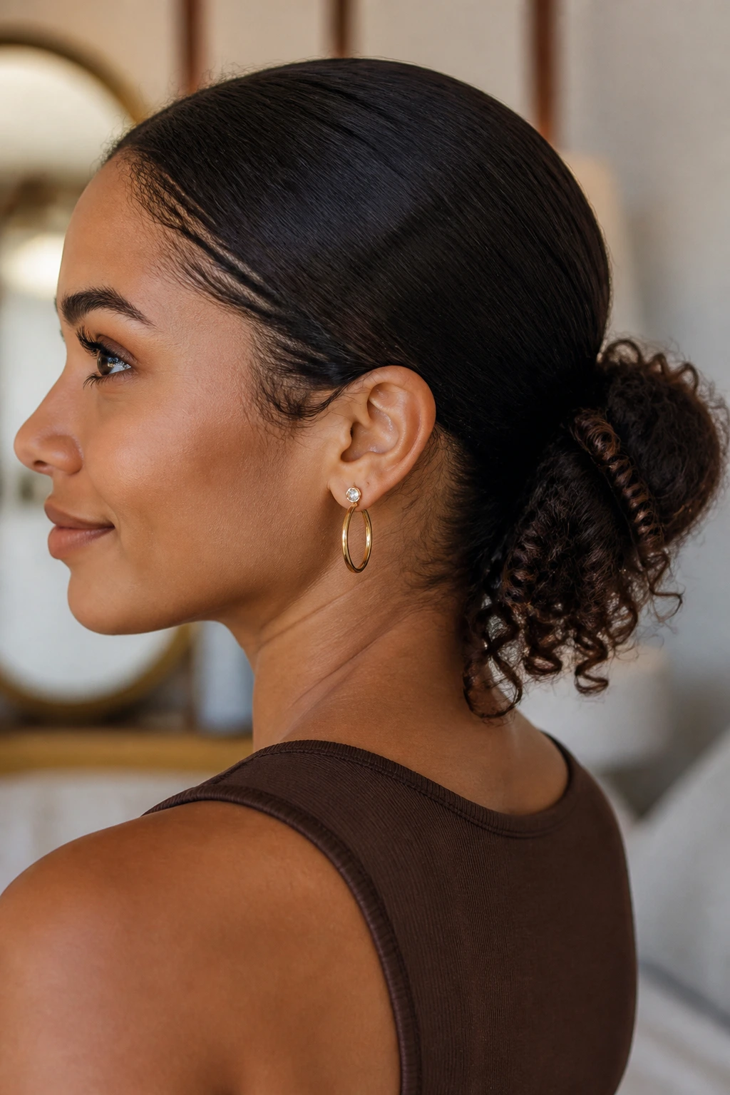 Close-up of real woman with sleek low bun and curly ends