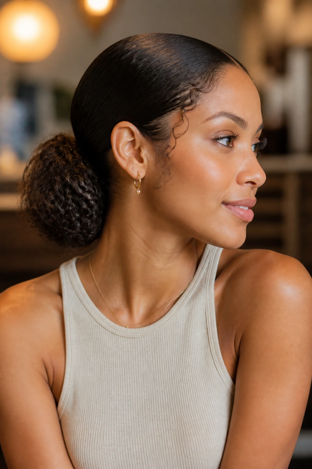 Portrait of a real woman with a sleek low bun and curly ends