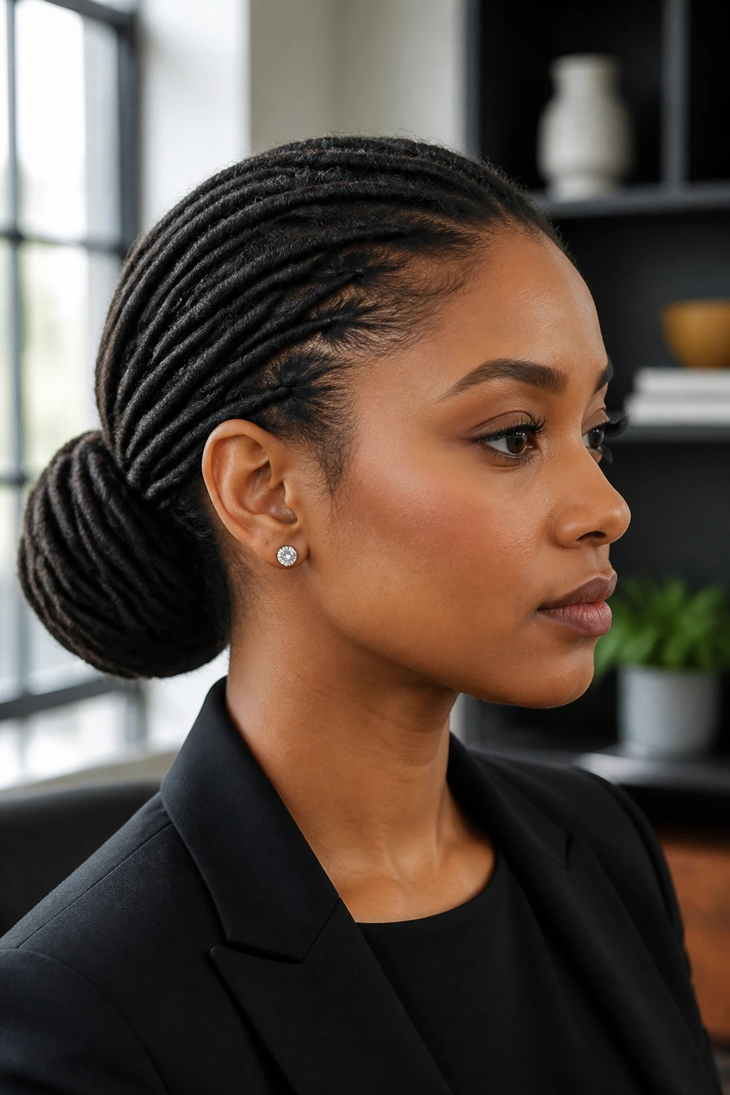 Real person with sleek low bun faux locs