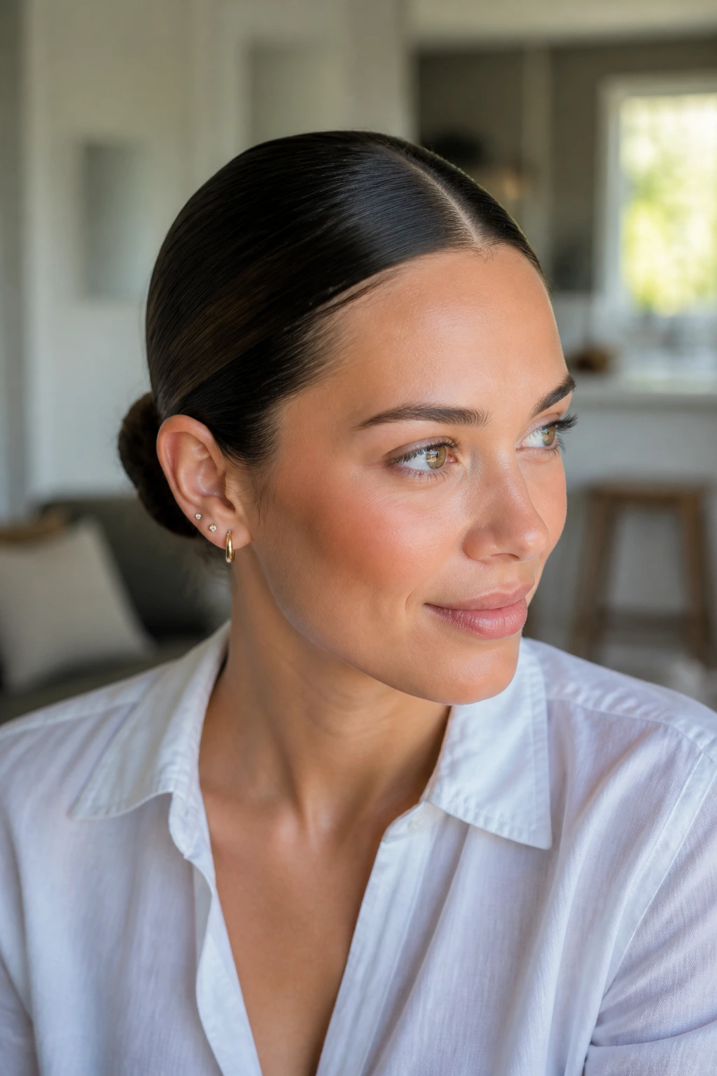 Close-up head-and-shoulders of a woman with a sleek low bun and middle part