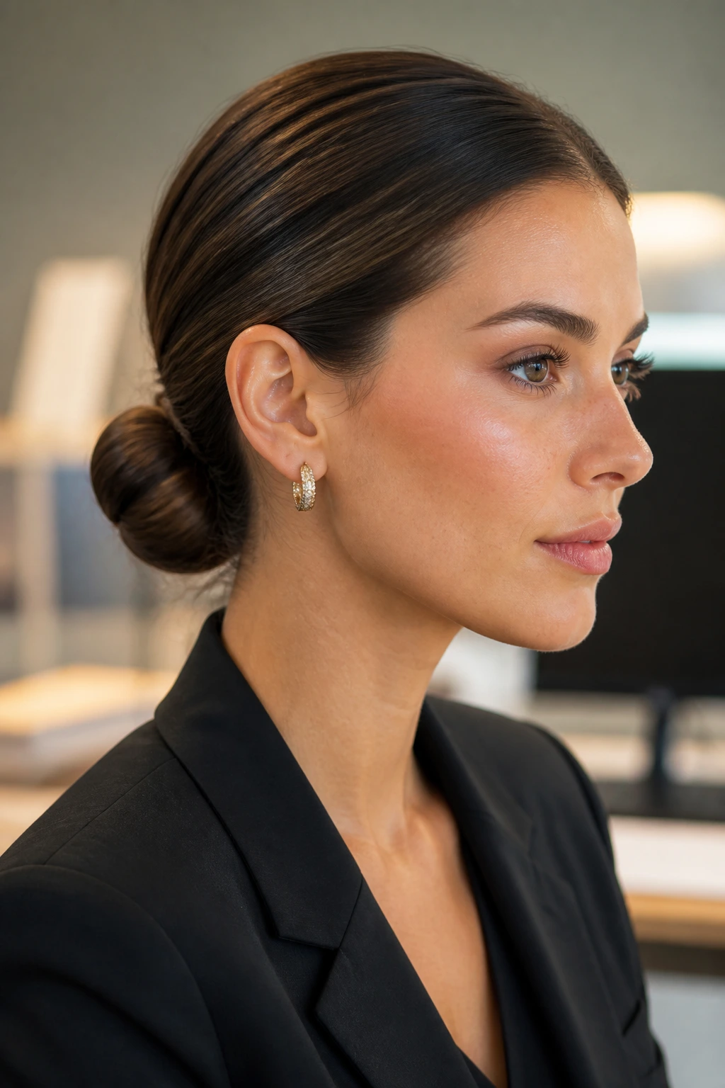 Close-up of a real woman with a sleek low bun in an office setting