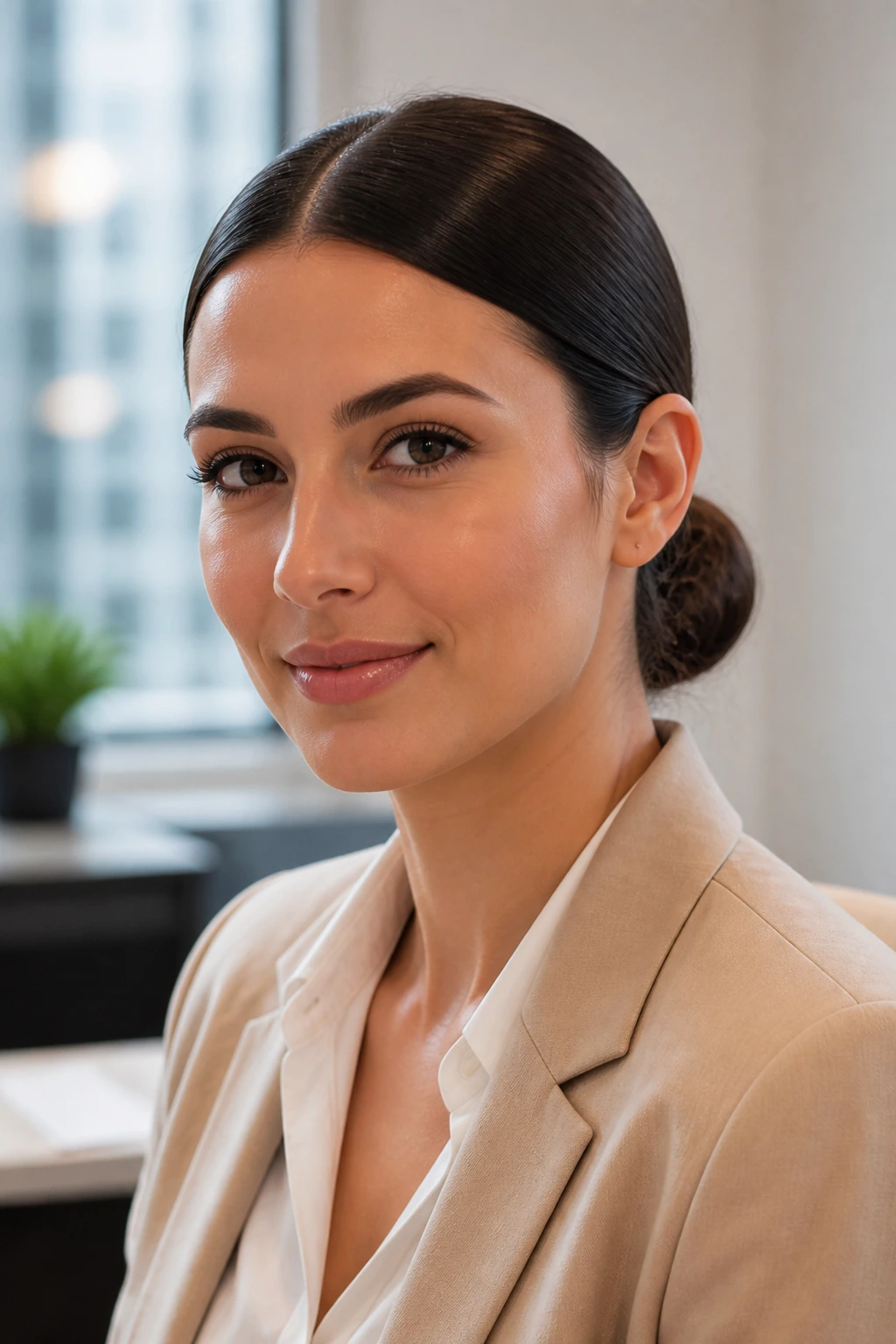 Close-up portrait of a real person with a sleek low bun and center part