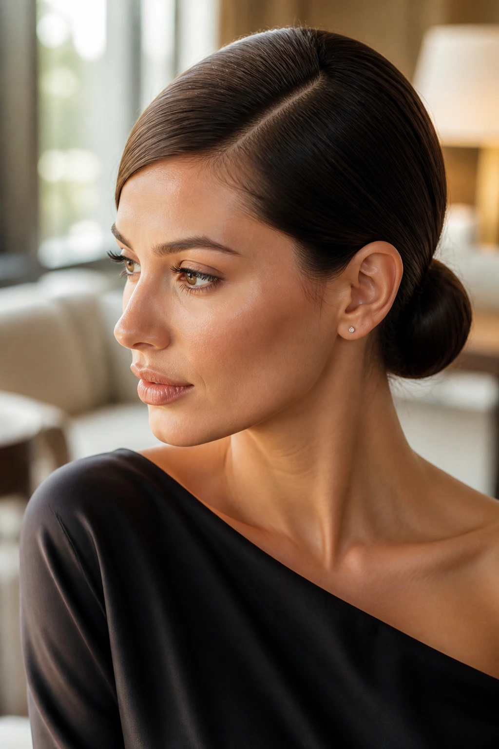 Close-up portrait of a real woman with a sleek low bun and deep side part