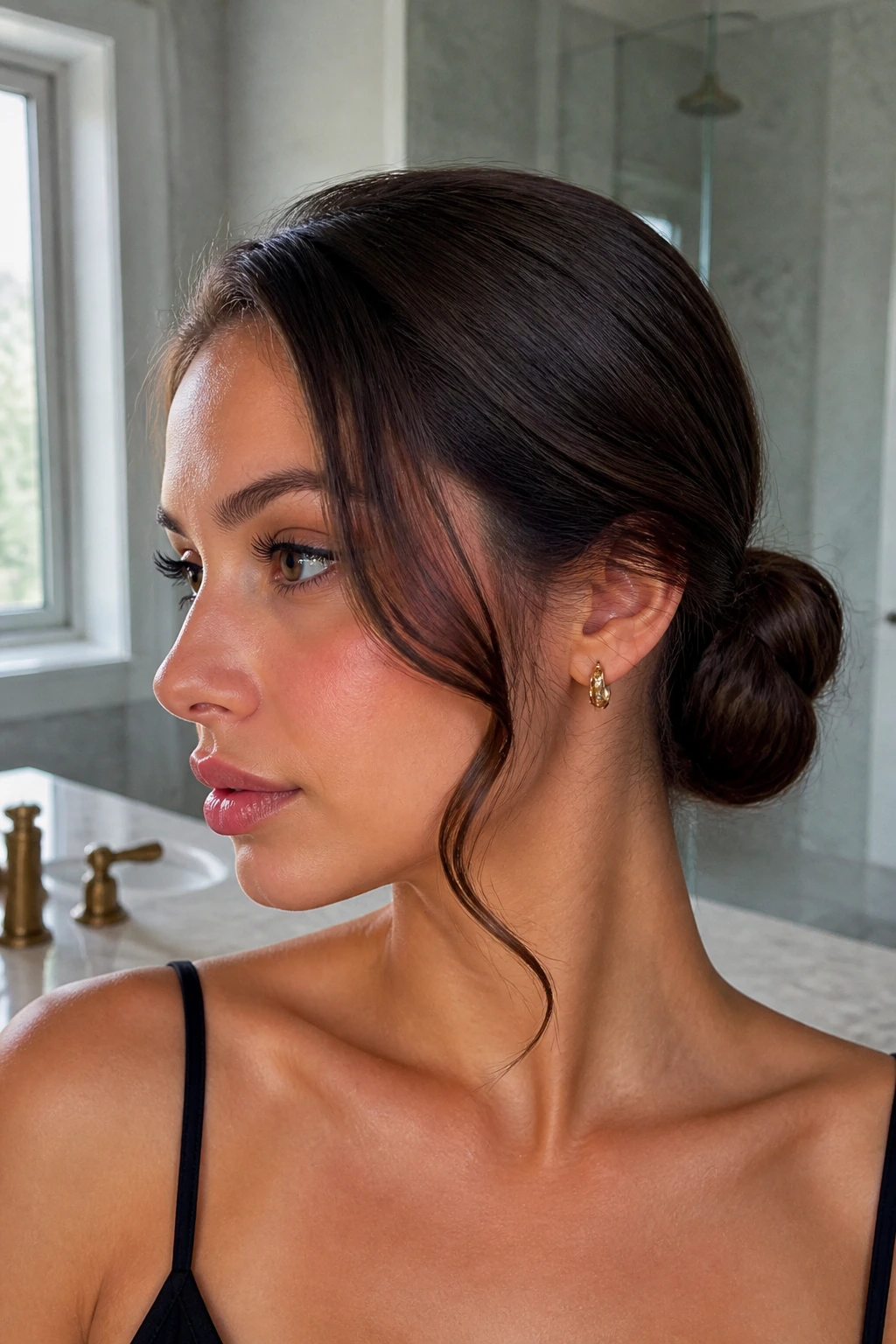 Close-up of a real woman with a sleek low bun and one soft wave left out