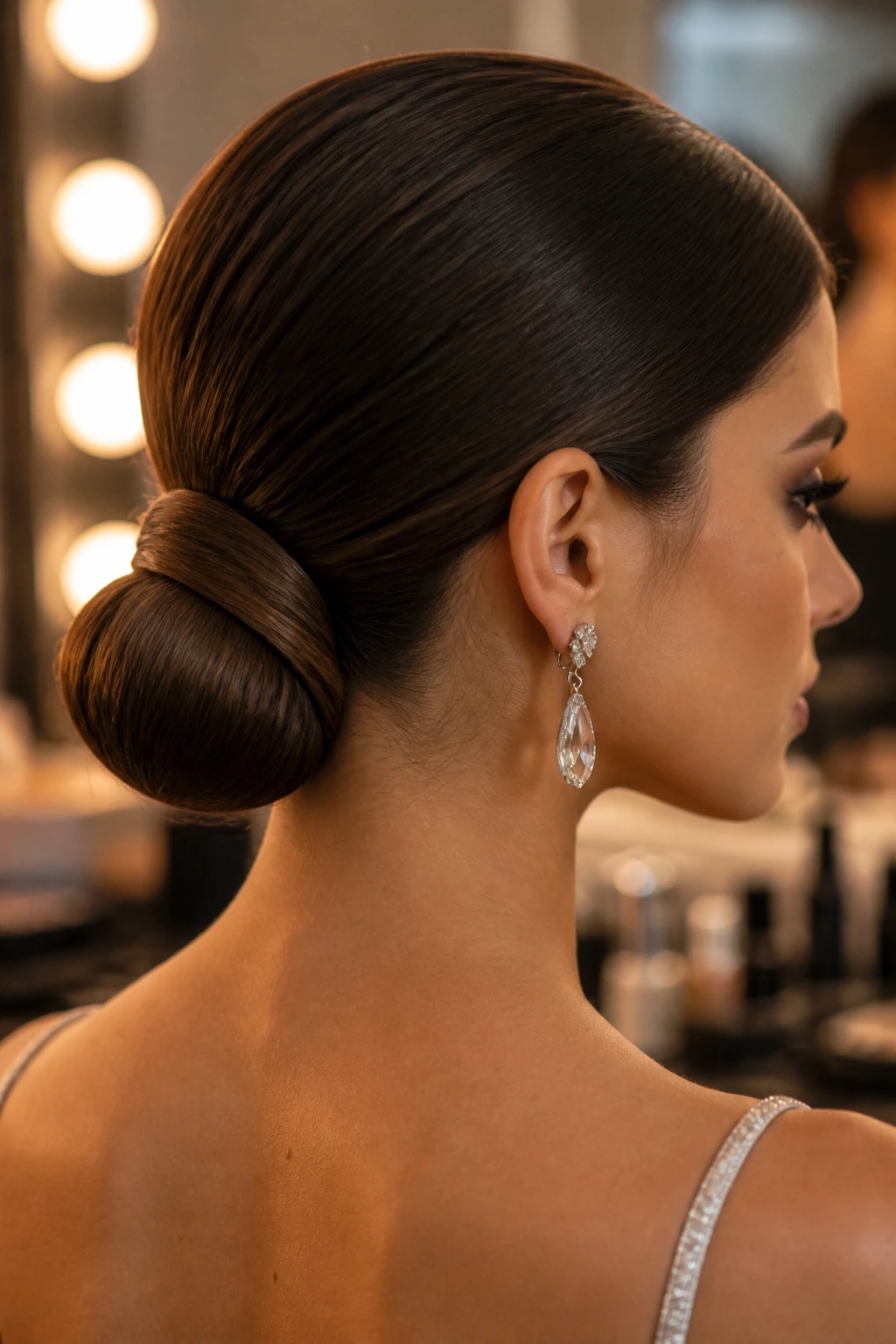 Close-up of woman with sleek low bun wrapped base in backstage dressing room