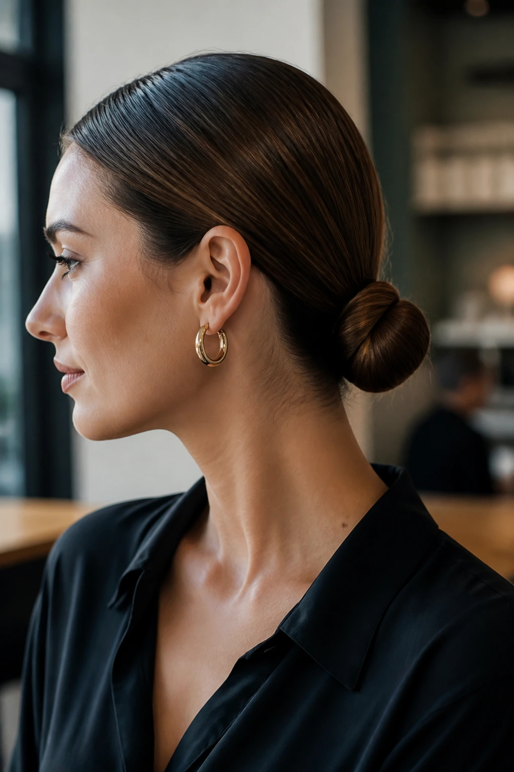 Close-up of a woman wearing a sleek low bun with wrapped ends at the nape.