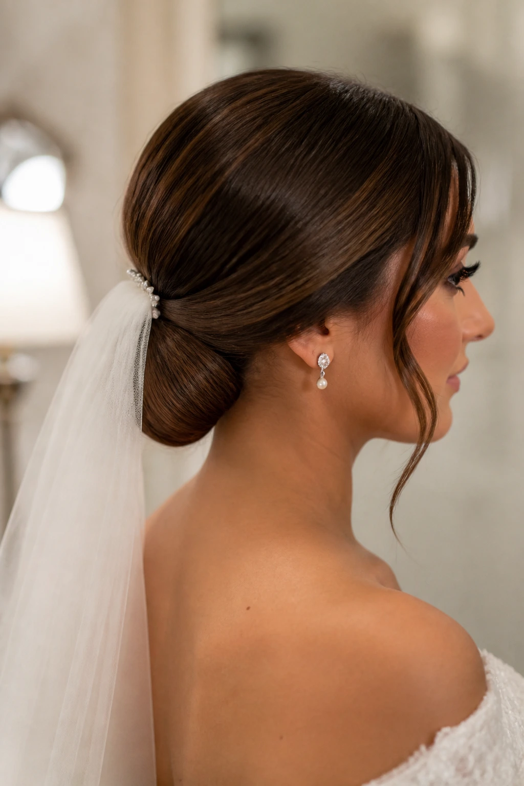 Bride with a sleek low chignon at the nape of the neck