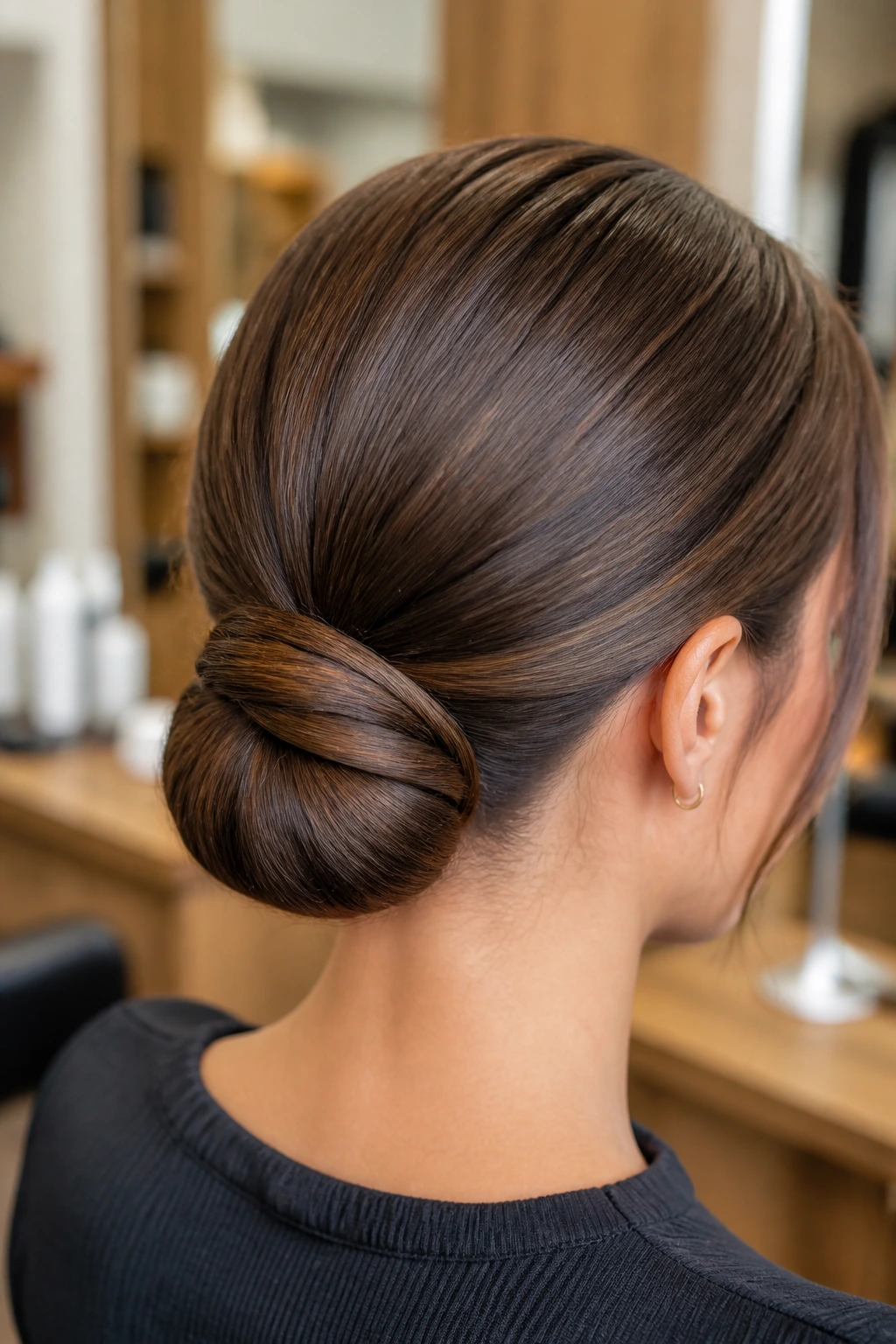 Close-up of a real woman with a sleek low chignon at the nape