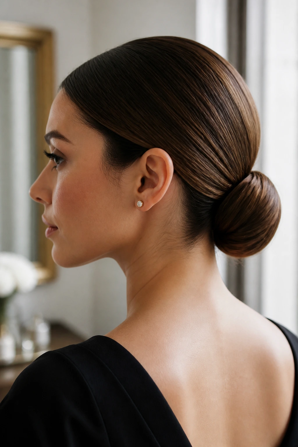 Profile view of a woman with a sleek low chignon at the nape