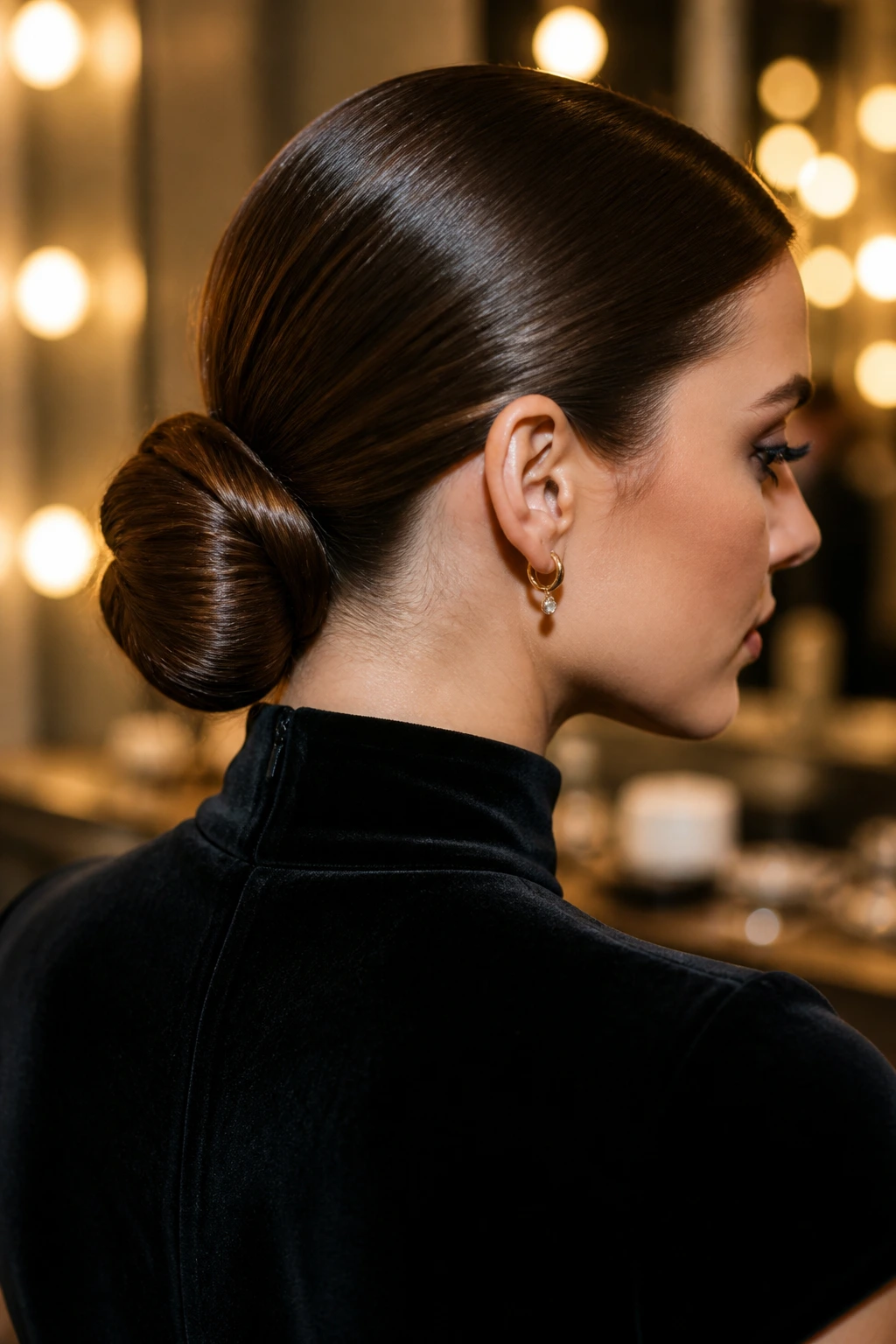 Close-up of a person with a sleek low chignon at the nape