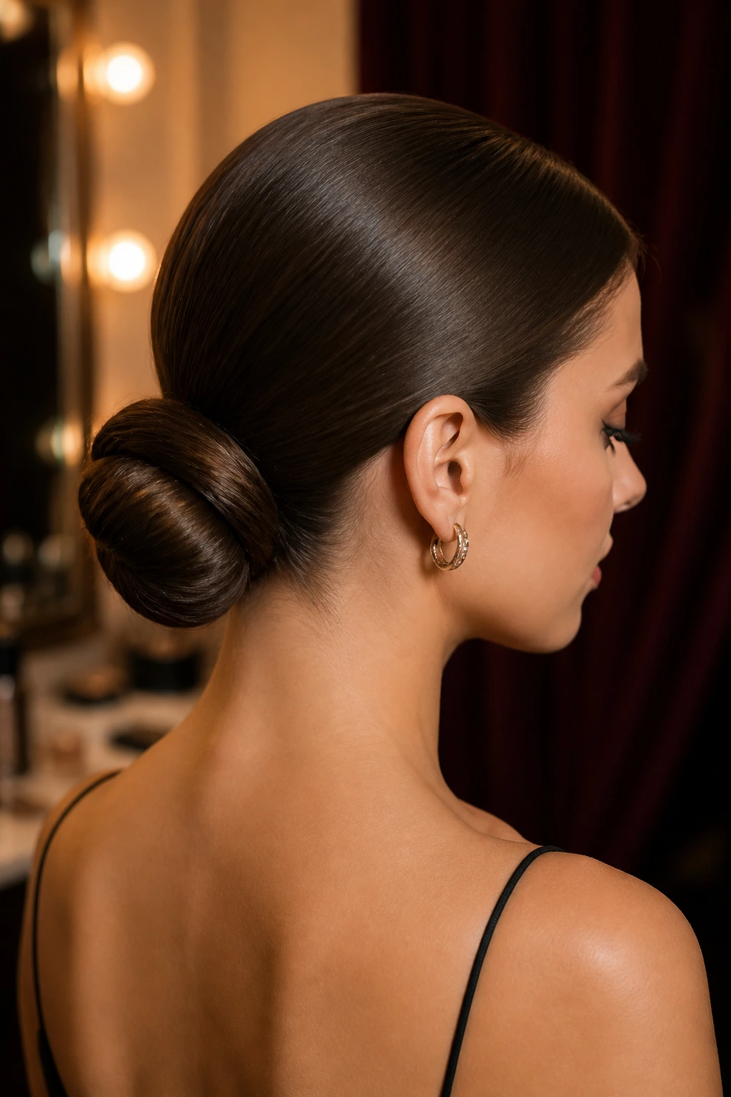 Close-up of a woman with a sleek low chignon at the nape