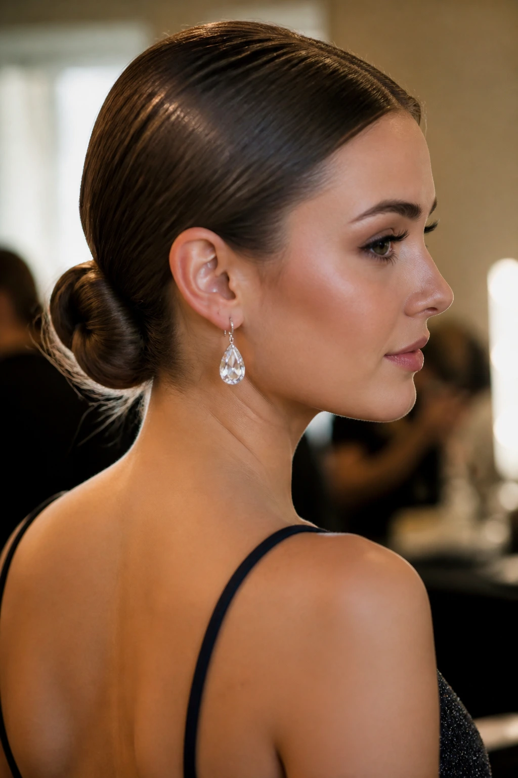 Close-up of a real woman with a sleek low chignon at the nape of the neck