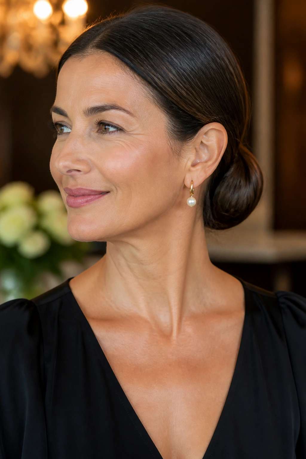 Close-up of a real woman with a sleek low chignon at the nape
