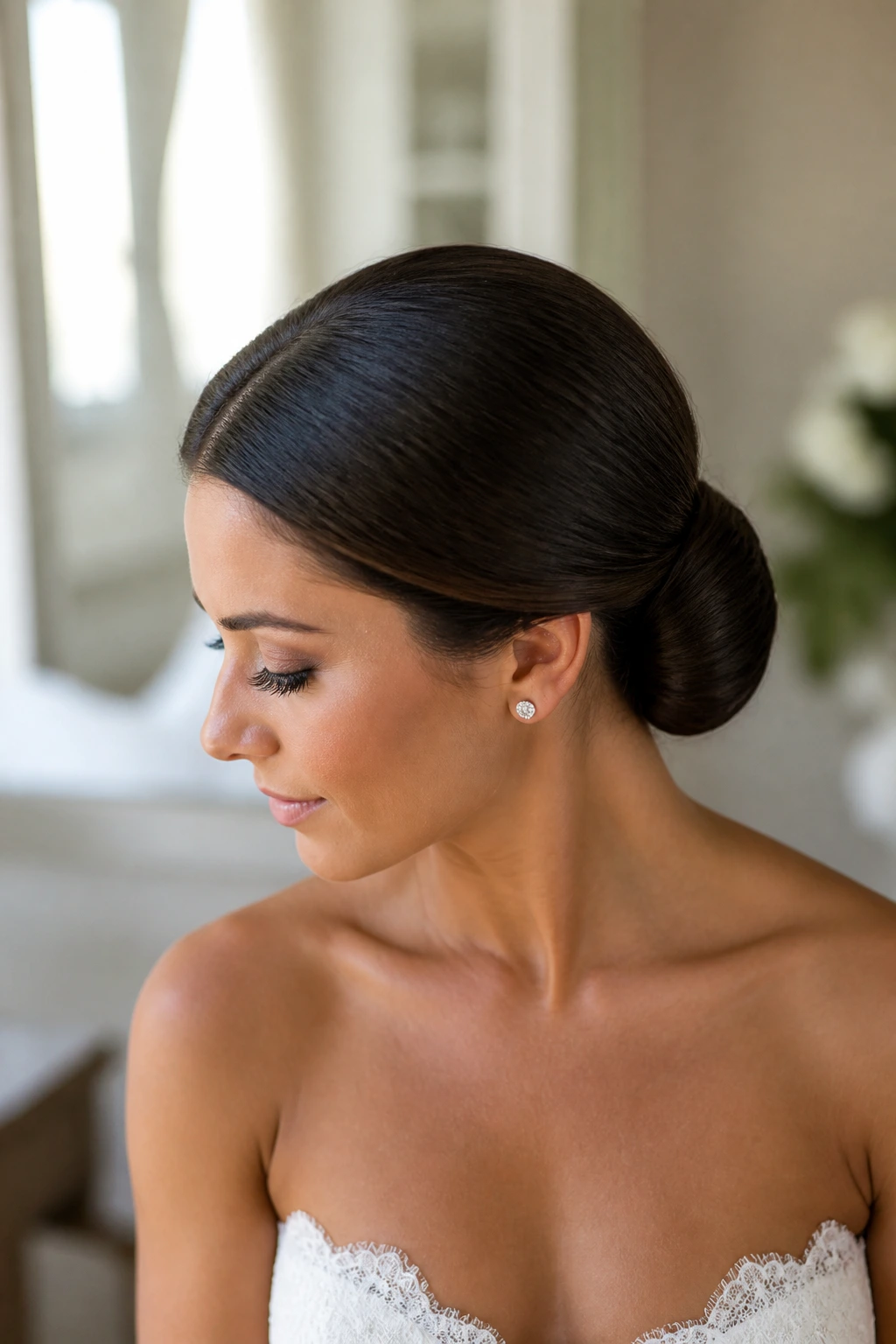Close-up of a real bride with a sleek low chignon