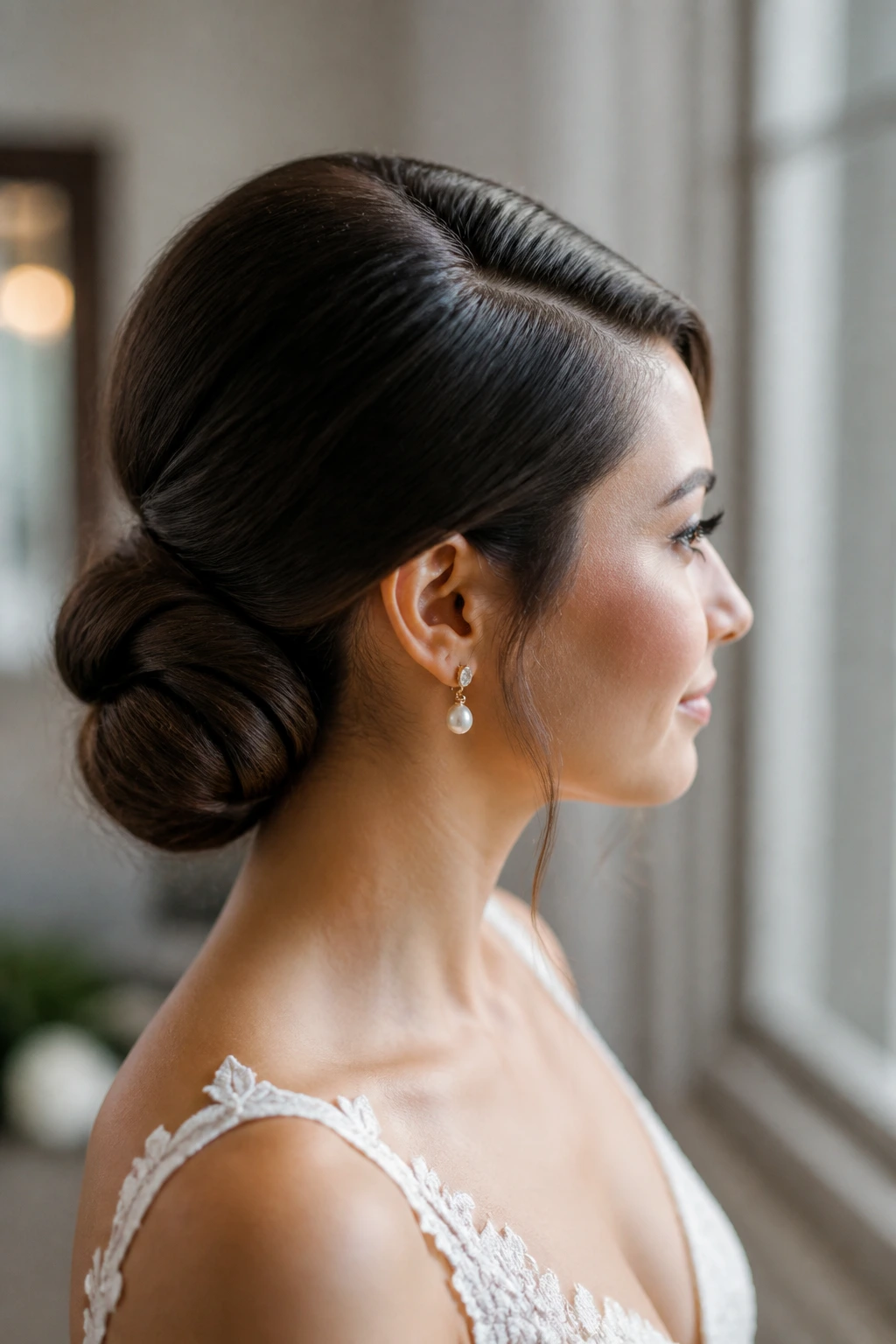 Side profile of real bride with a sleek low knot and deep side part