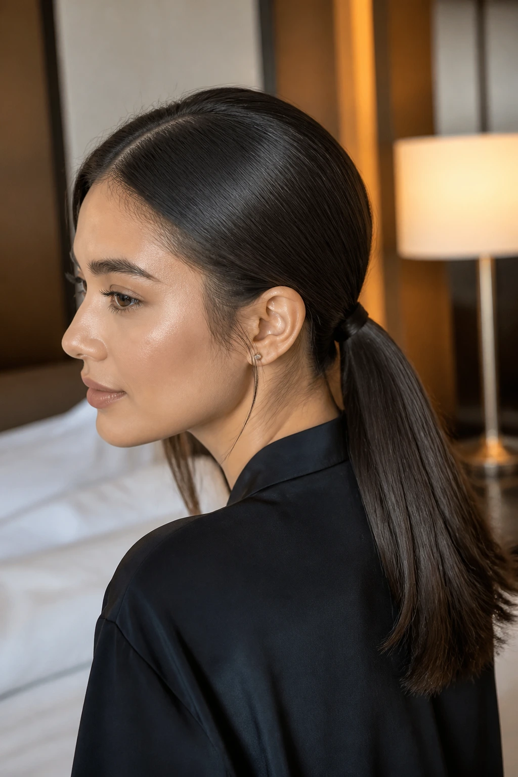 Close-up of a real woman with a sleek low ponytail at the nape