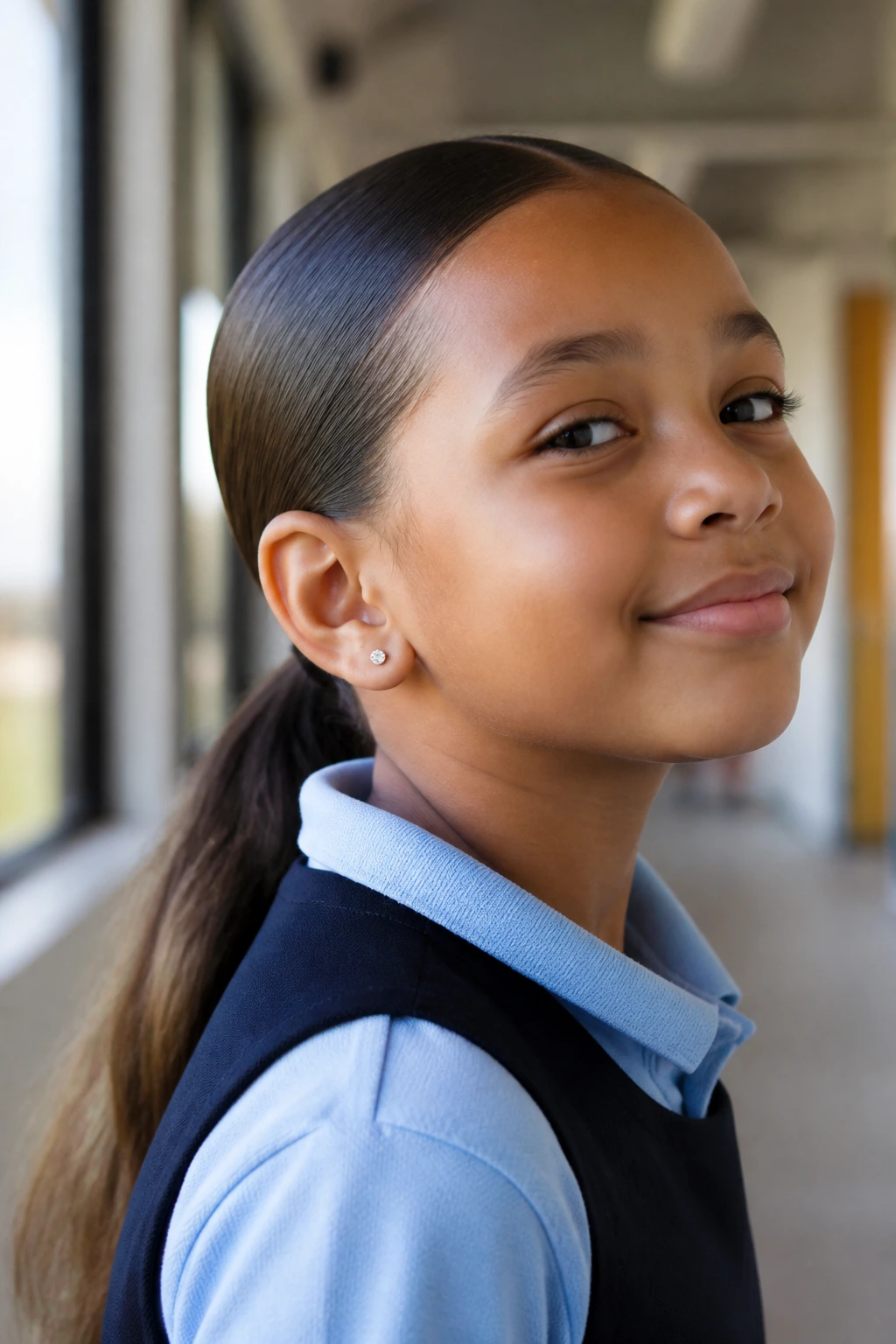 Child with sleek low pony in natural school hallway lighting