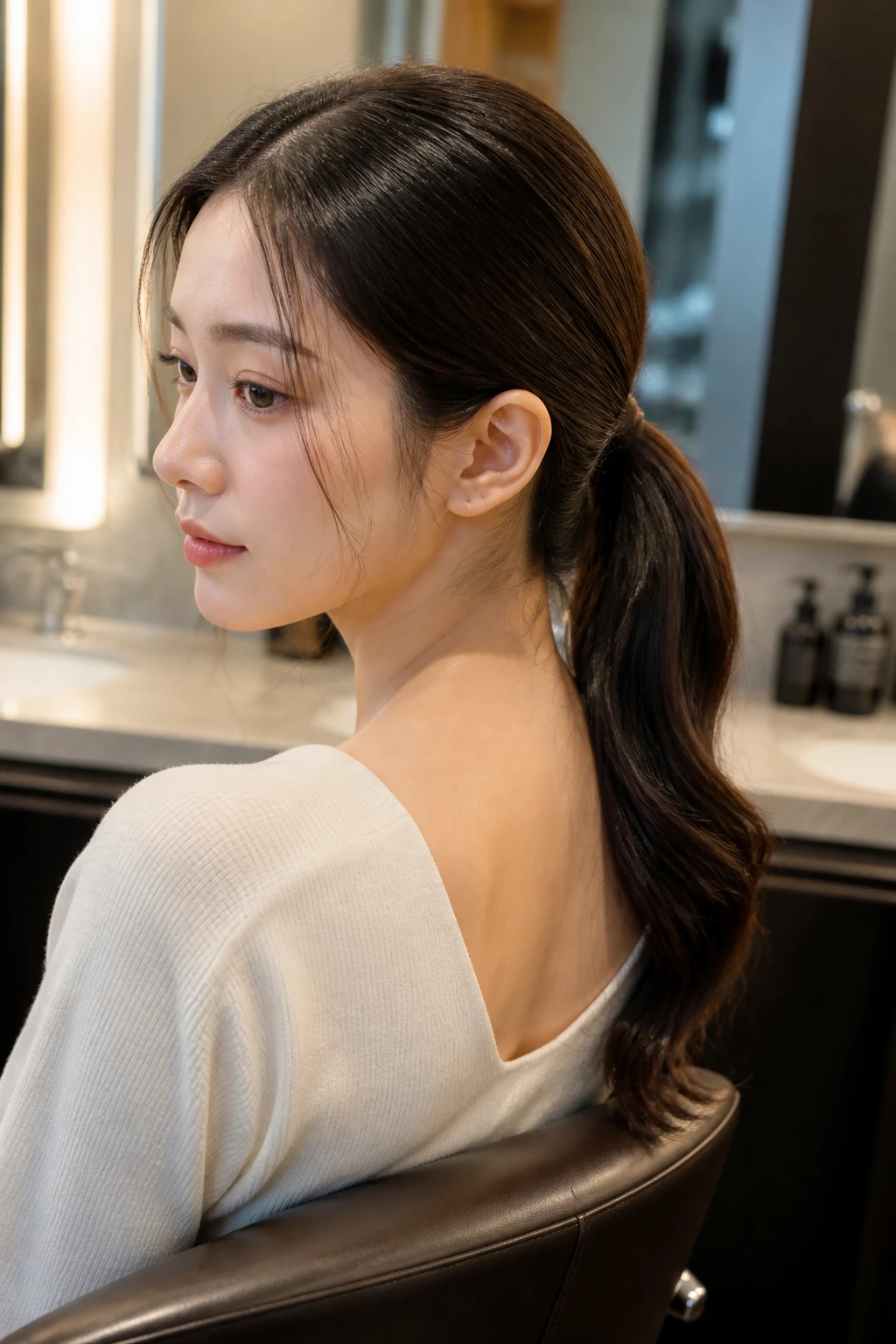 Portrait of a person with a sleek low ponytail and soft bend