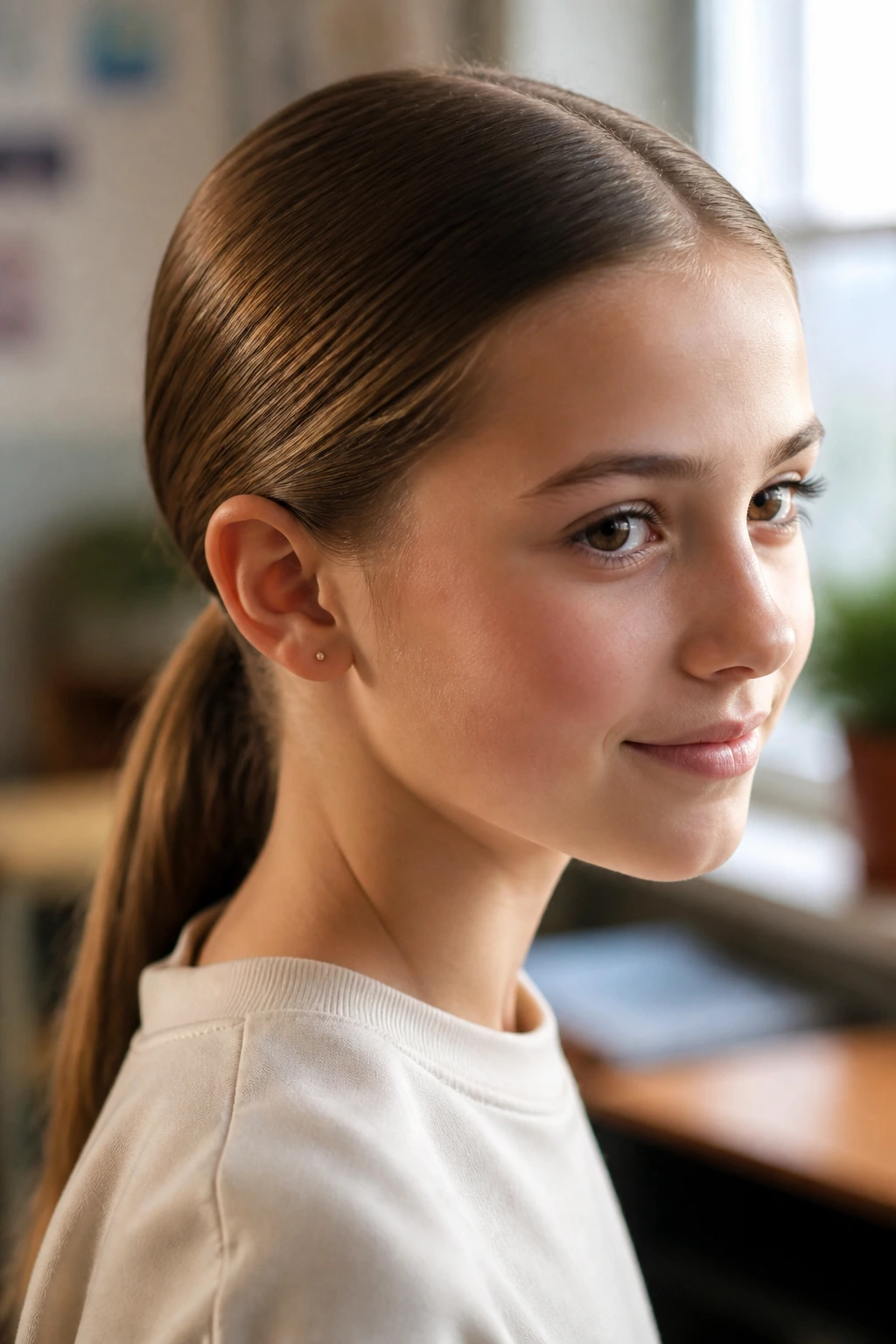 Child wearing a sleek low ponytail in a classroom setting.