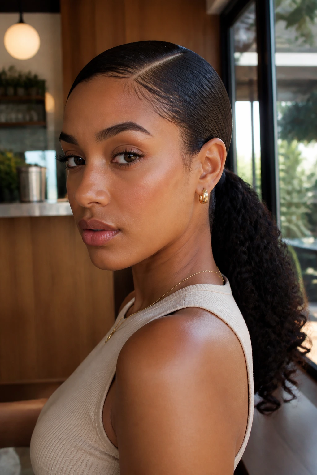Close-up of a real woman with a sleek low ponytail and defined ends