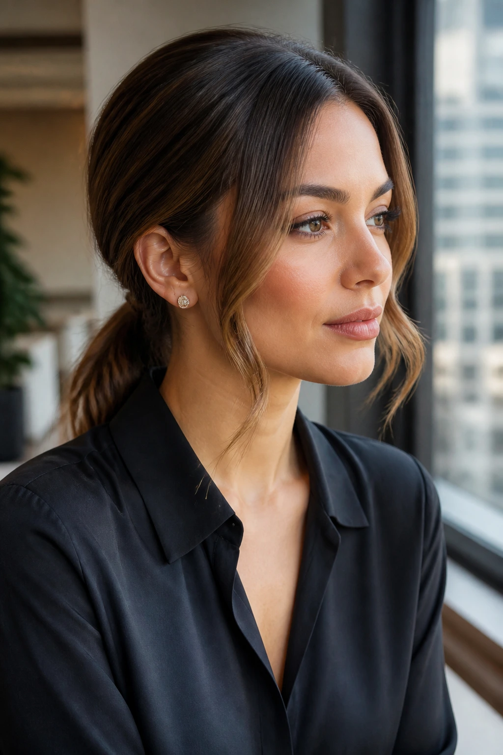 Portrait of a woman with a sleek low ponytail and face-framing pieces.