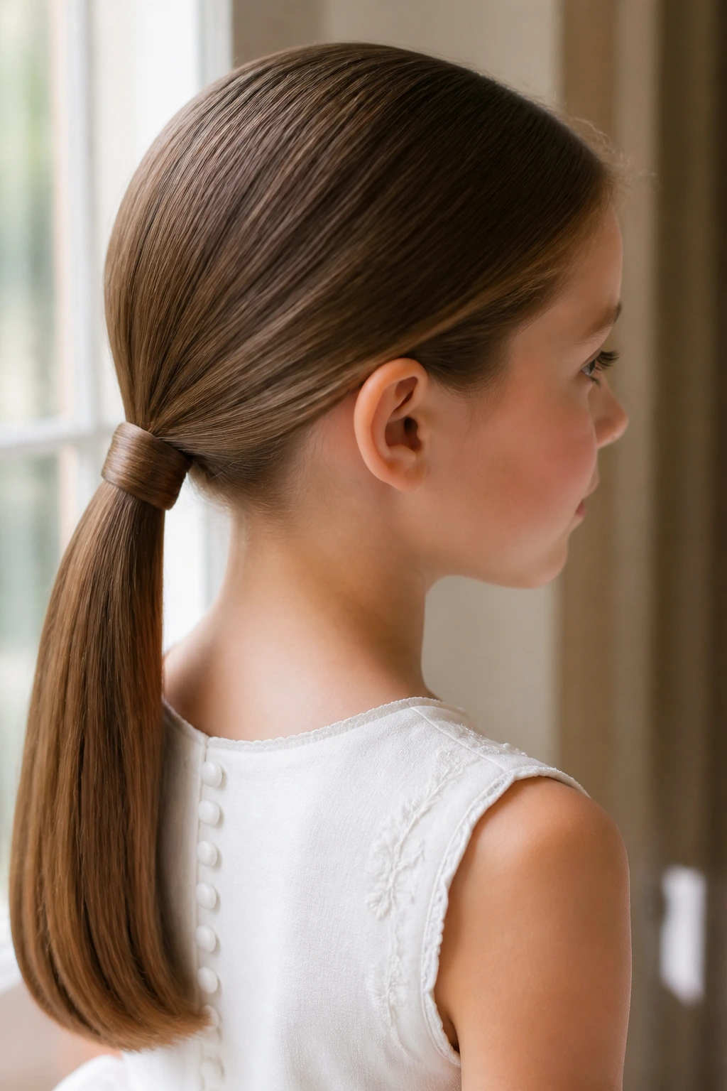 Close-up of a child with a sleek low ponytail and wrapped base