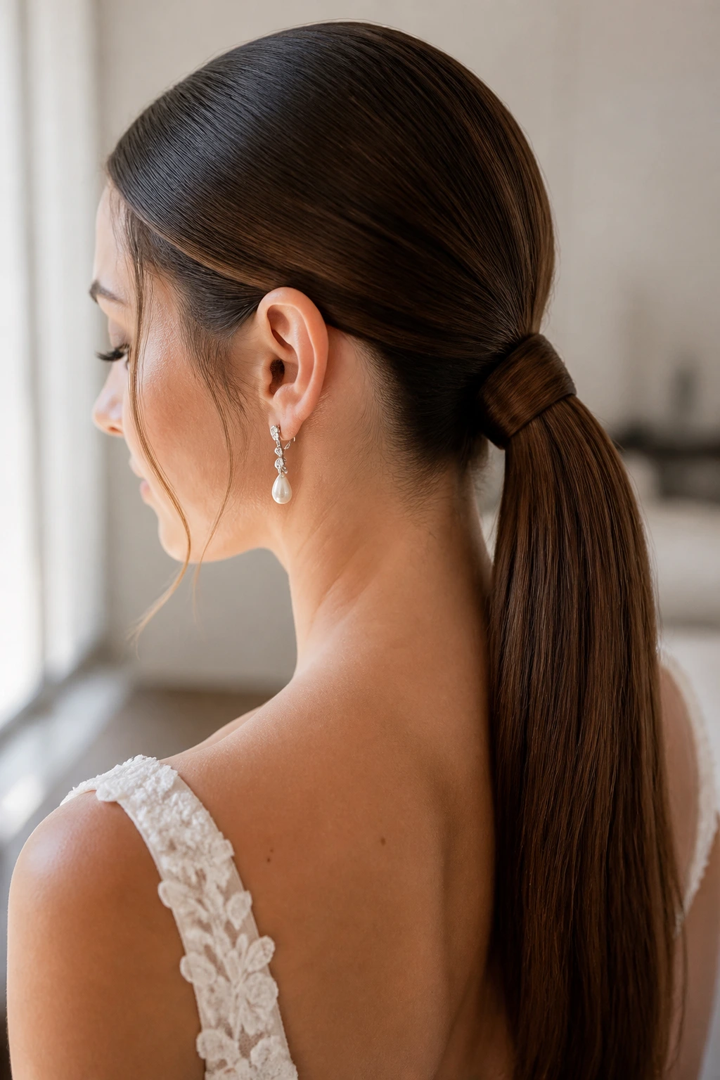 Close-up of sleek low ponytail with wrapped base on a real bride in a bridal suite