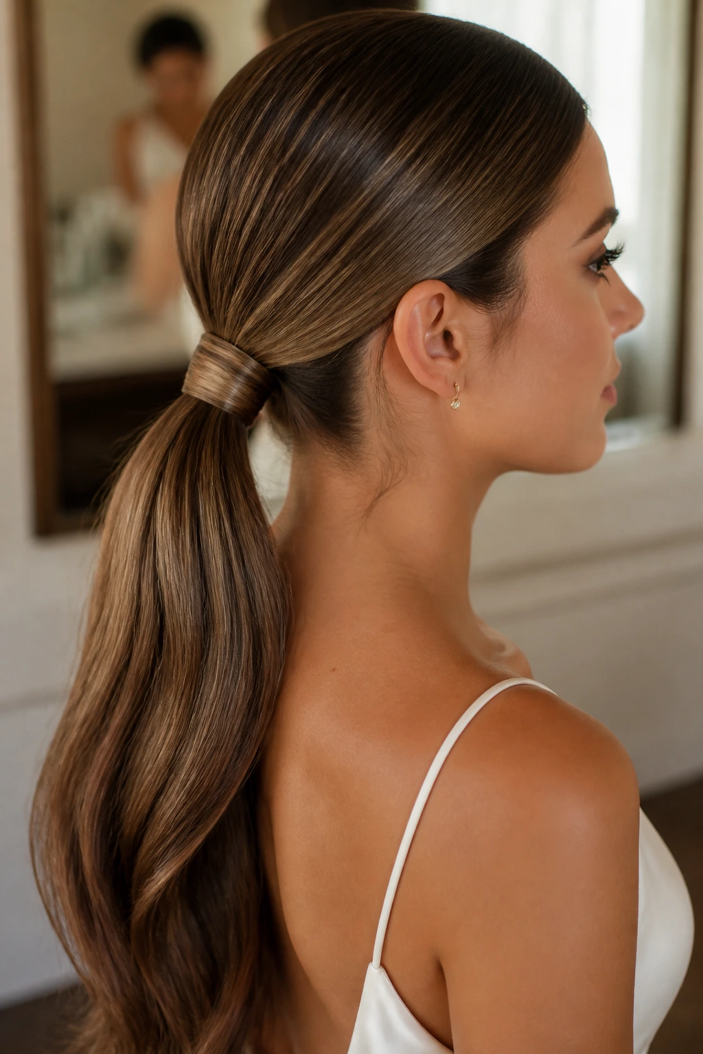 Close-up of a real woman with a sleek low ponytail wrapped base