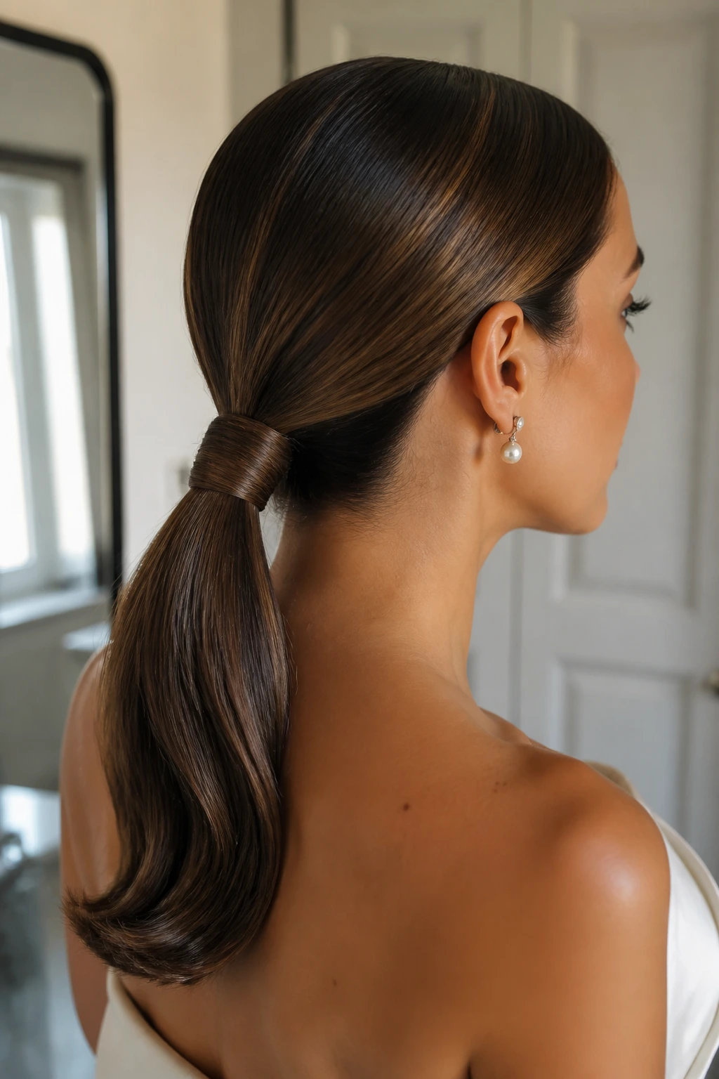 Portrait of a real woman with a sleek low ponytail and hidden wrapped base
