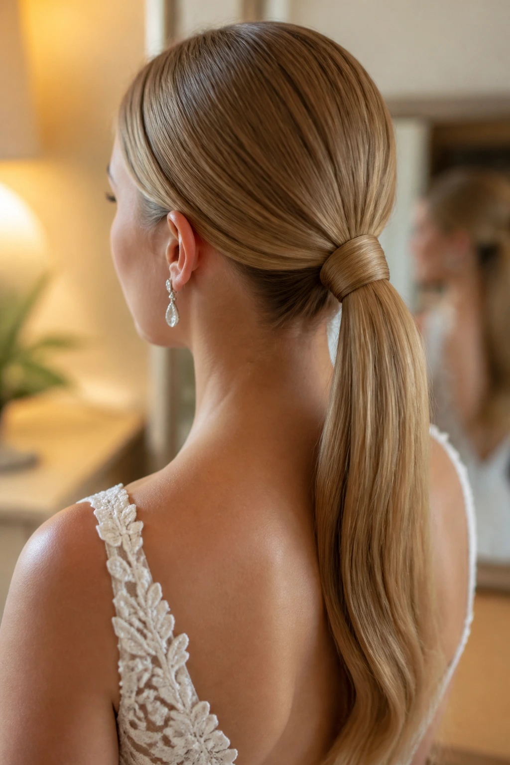Bride with sleek low ponytail wrapped base