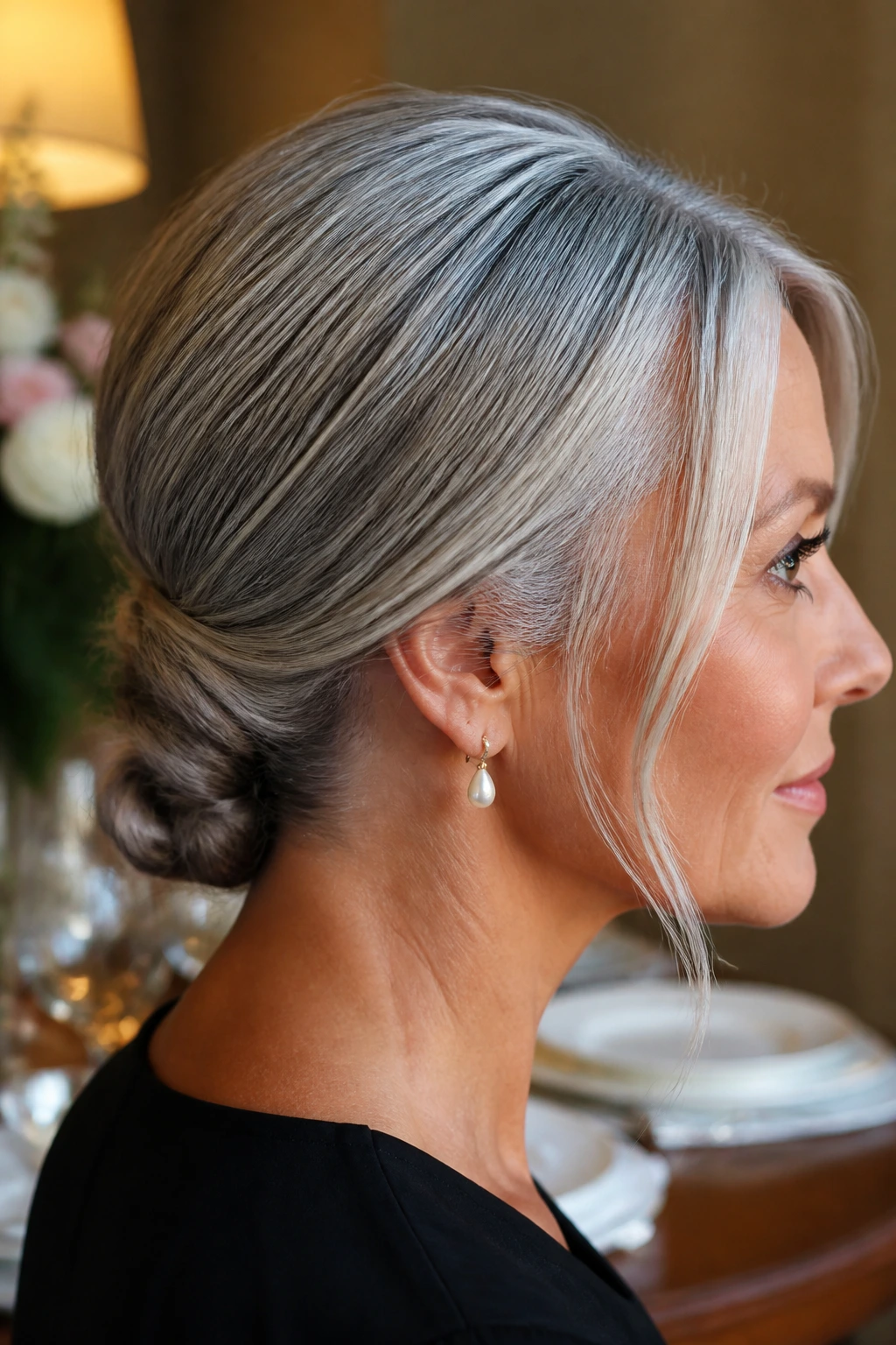 Close-up of a real woman with a sleek low twist hairstyle at the nape