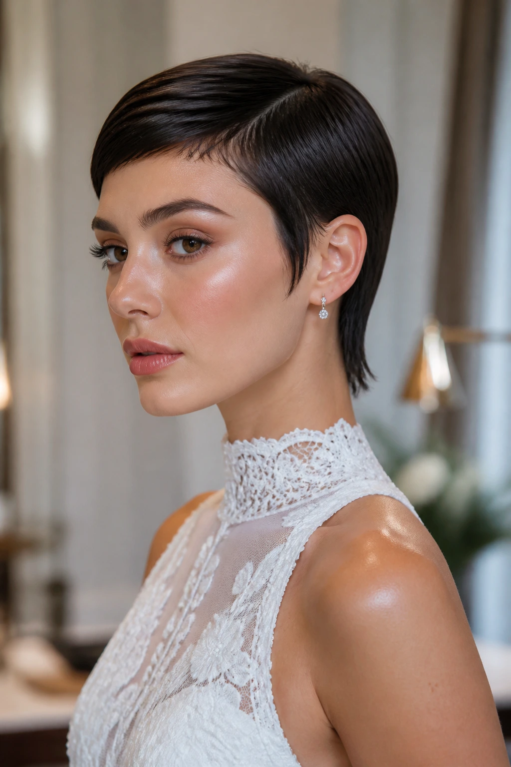 Bride with sleek micro mullet, crown close to head and minimal back length