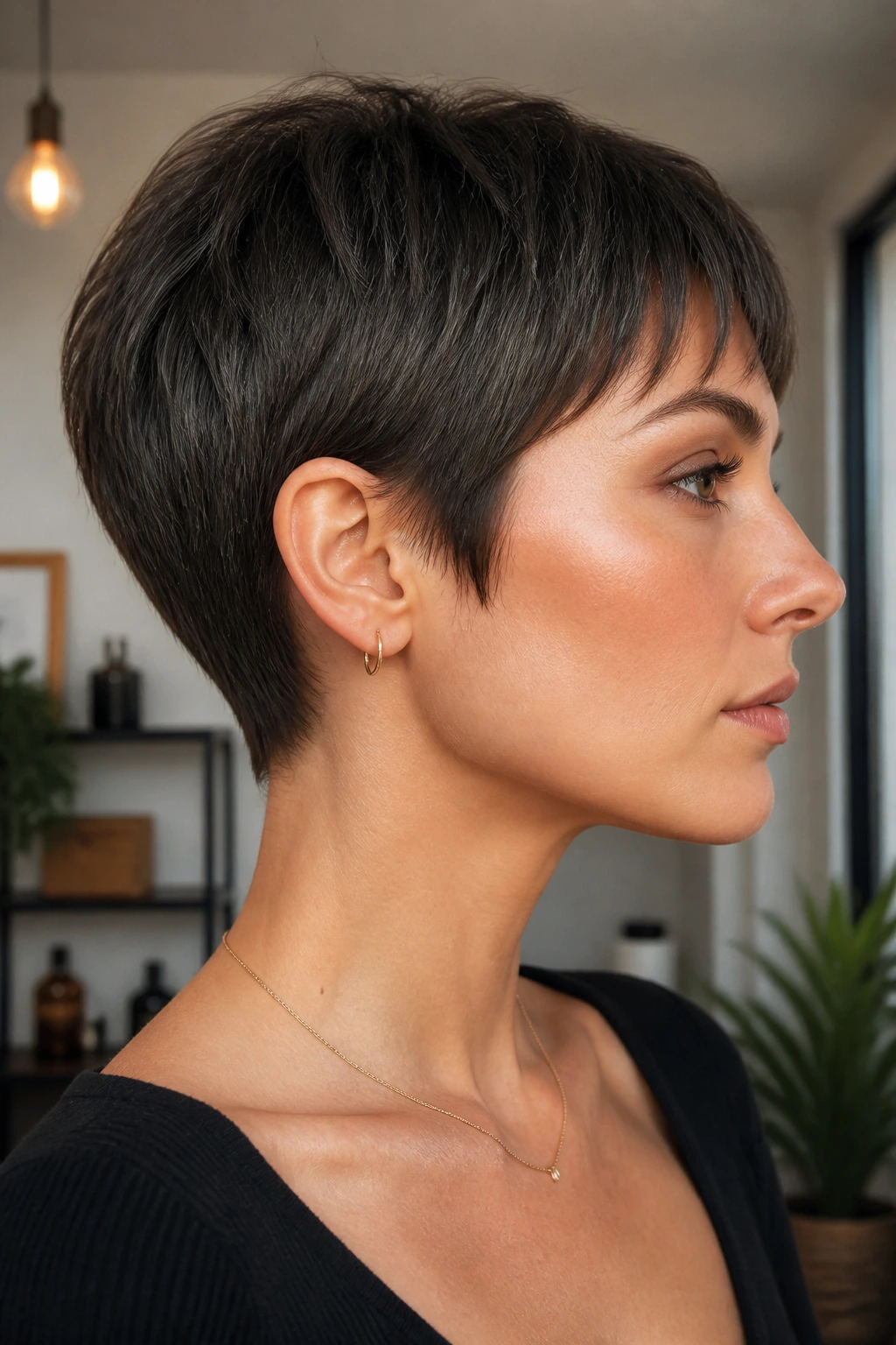Portrait of a person with a sleek micro pixie bob and crisp neckline.