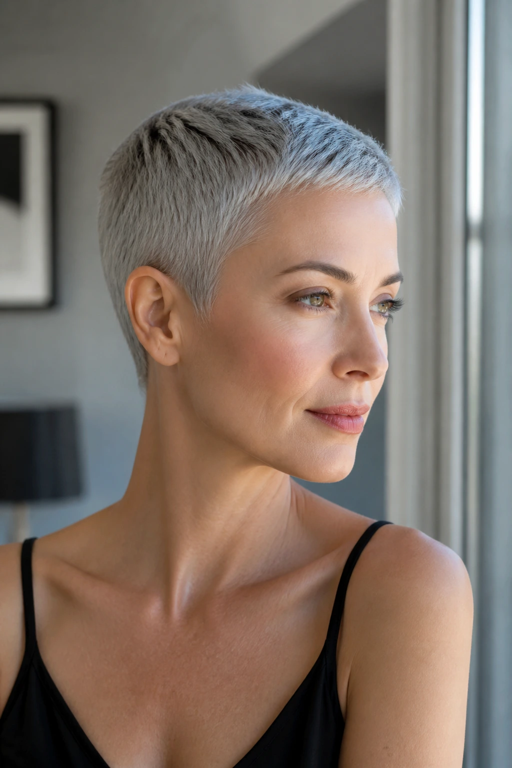 Portrait of a person with sleek micro pixie in cool silver