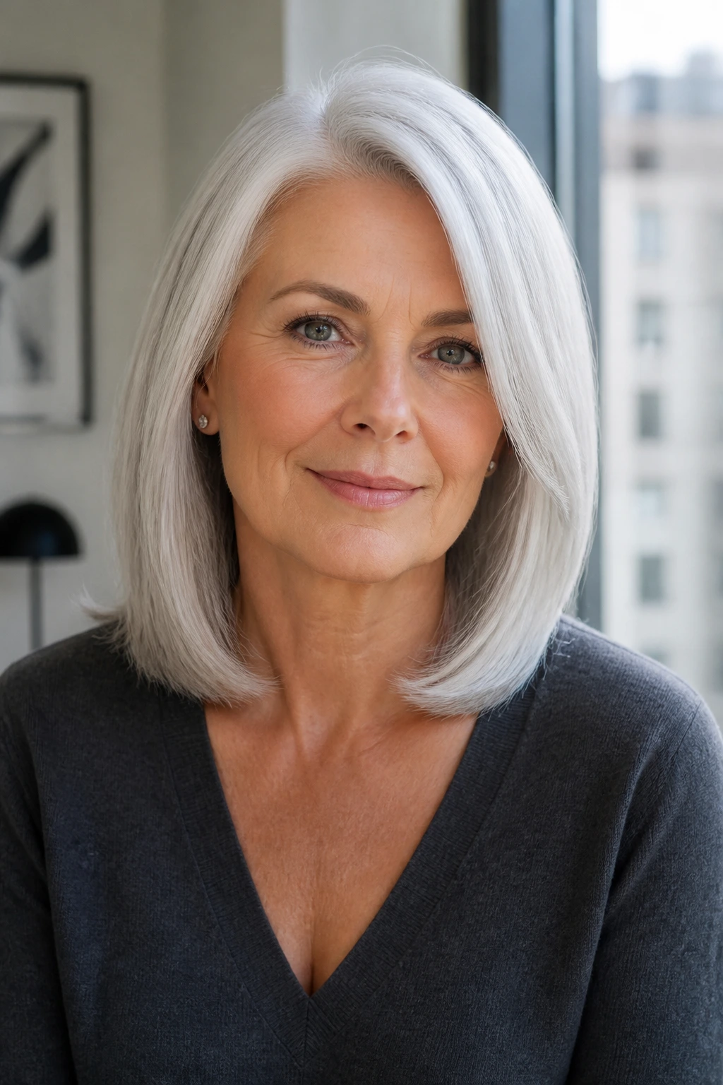 Real woman with sleek mid-length cut and hidden layers, shiny silver hair