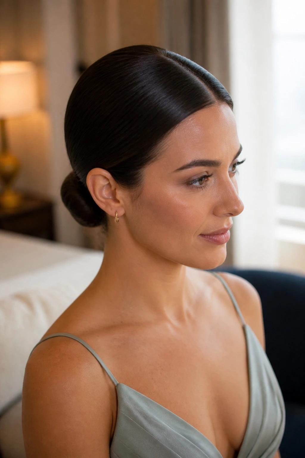 Real bridesmaid with sleek middle-part low bun