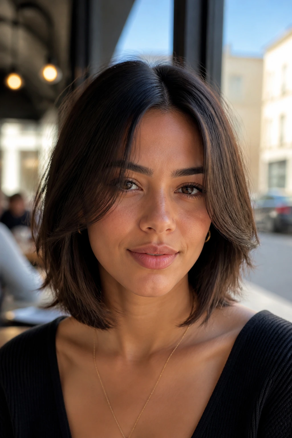 Close-up of real woman with Sleek Middle-Part Butterfly hairstyle featuring middle part and feathered fringe