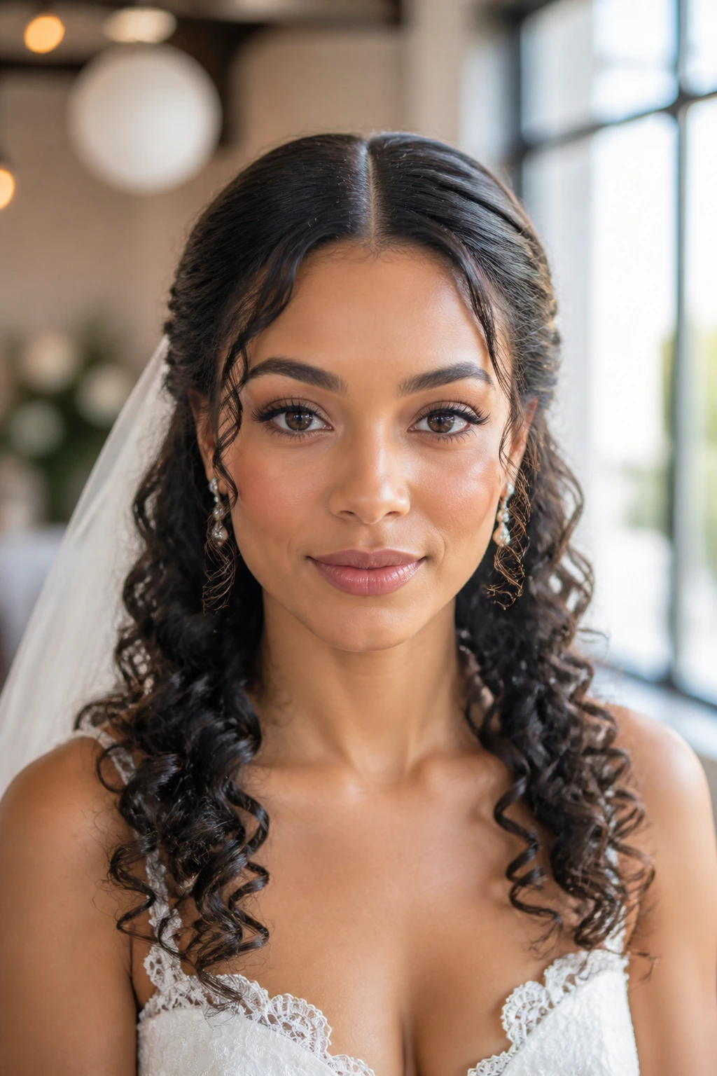 Bride with a sleek middle part and defined spirals at the ends.