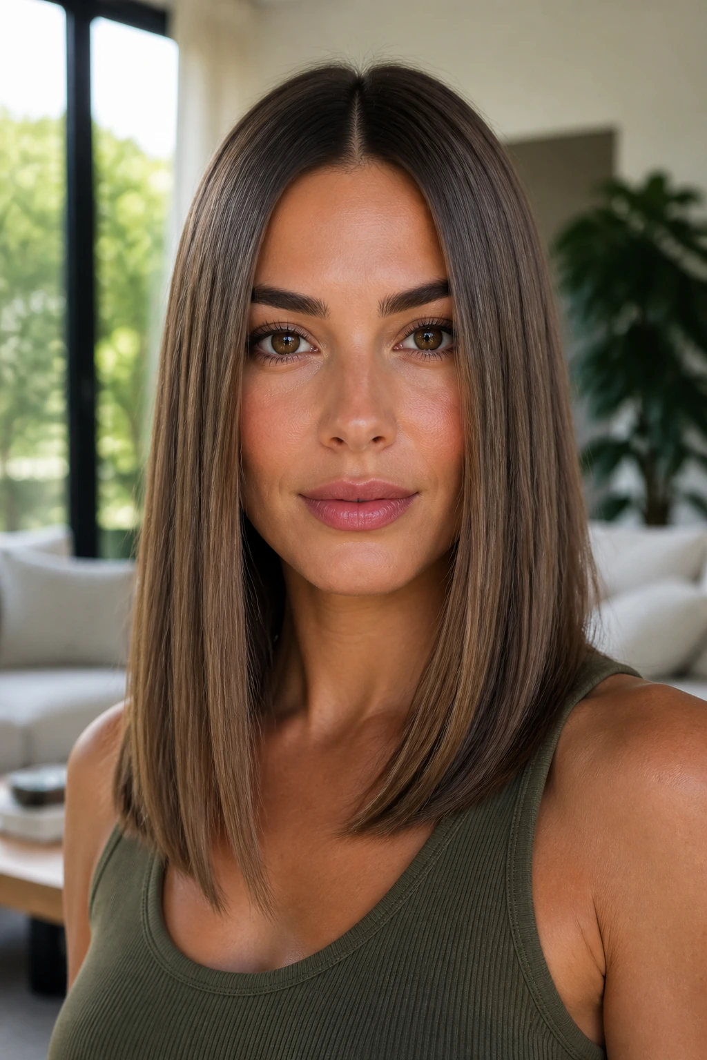 Close-up of a real woman with a sleek middle-part lob in a sunlit living room.