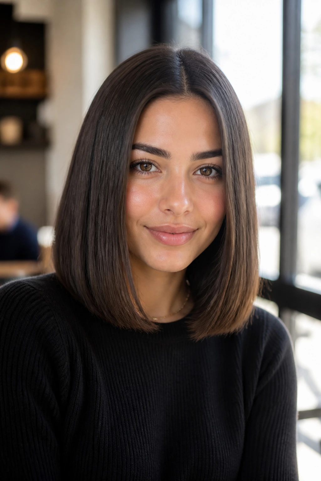 Real woman with sleek middle-part lob in bright natural light