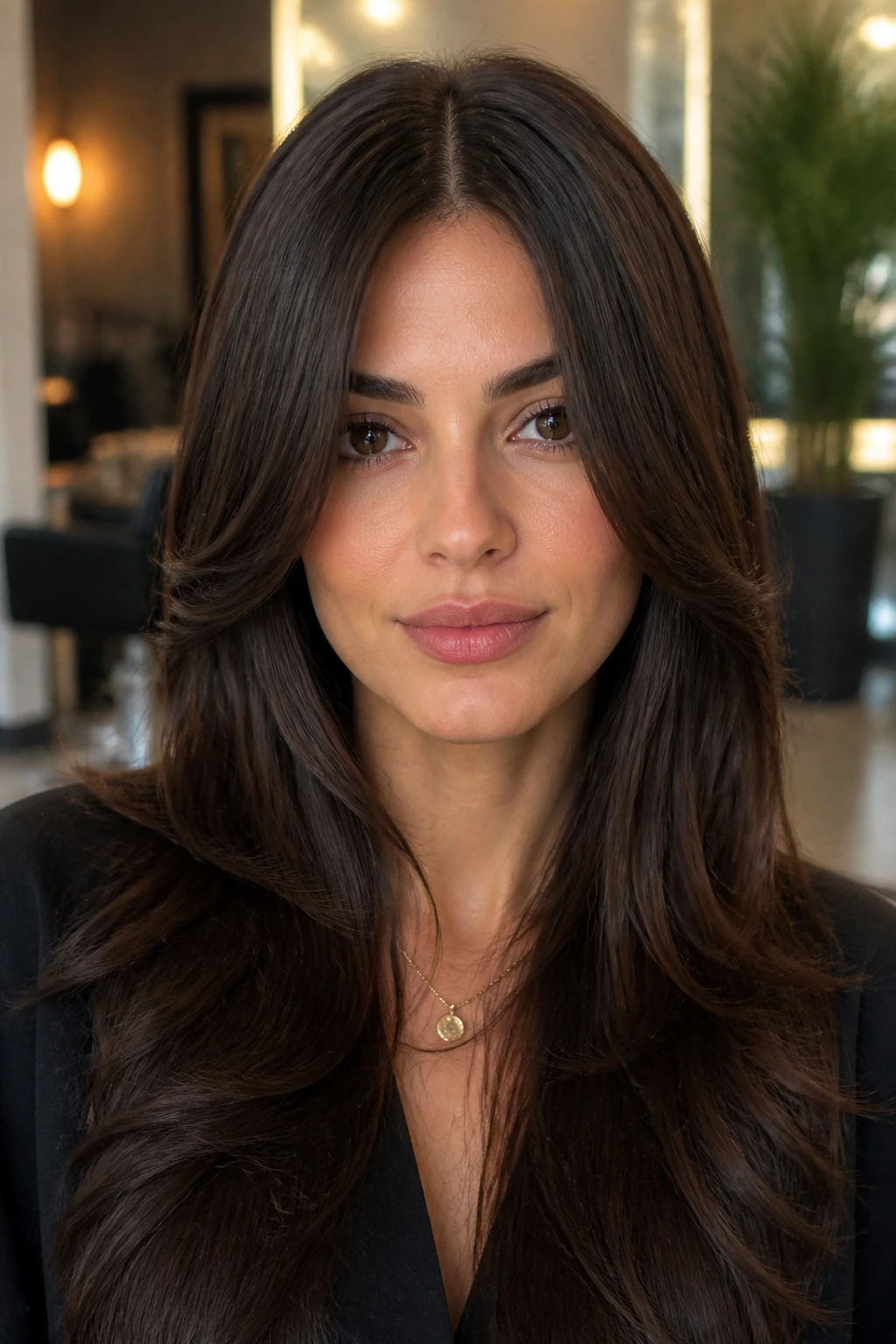 Close-up of a real person with a sleek middle-part and long layers