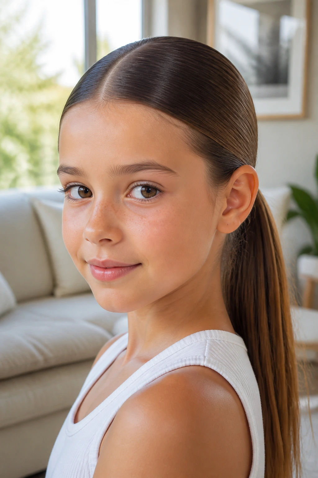 Close-up of a girl with a sleek center-part ponytail