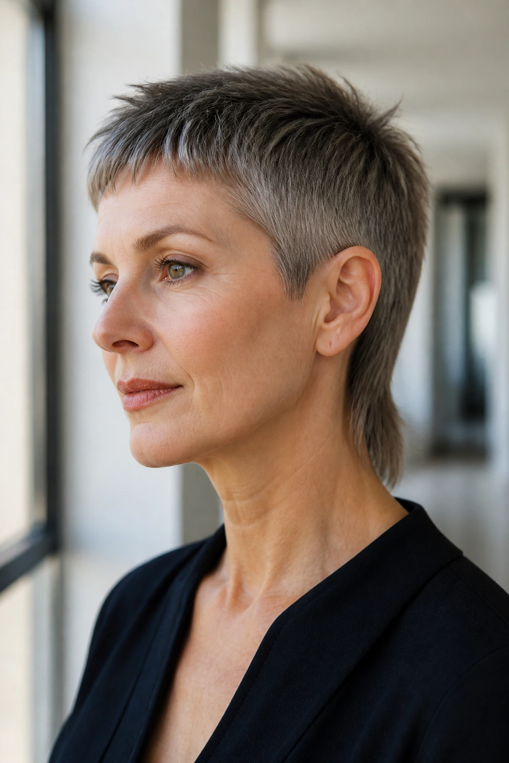 Close-up of a real woman with a sleek modern mullet in a bright apartment