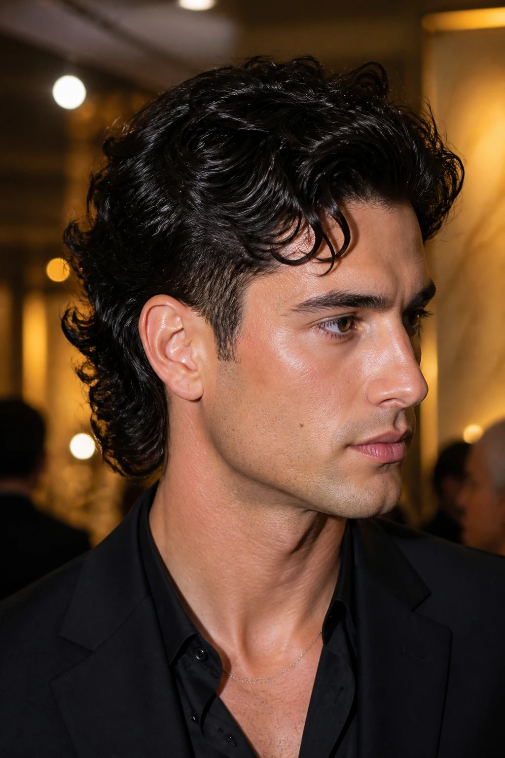 Close-up portrait of a real person with a sleek, polished mullet in an upscale event setting