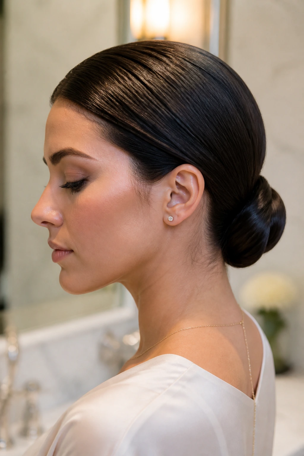 Close-up of a real woman with a sleek nape knot at the nape.