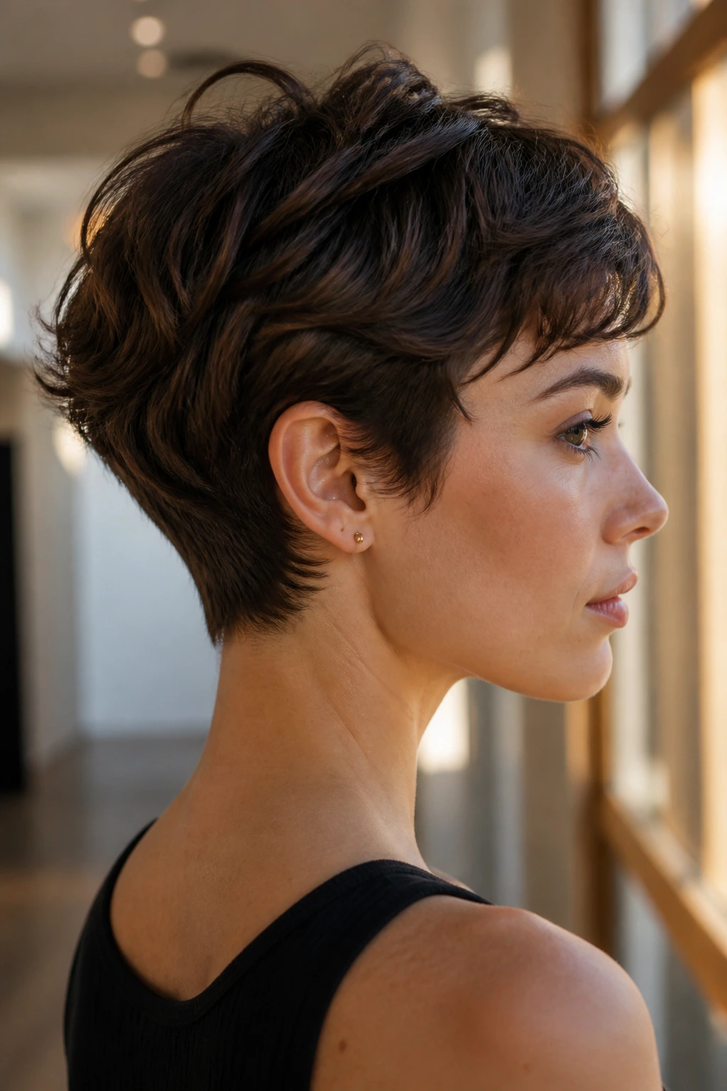 Side profile of real person with sleek nape pixie showing bends at the ends