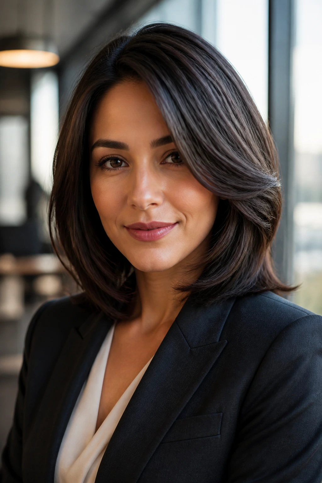 Portrait of a real person with straight, sleek medium-length hair in an office setting