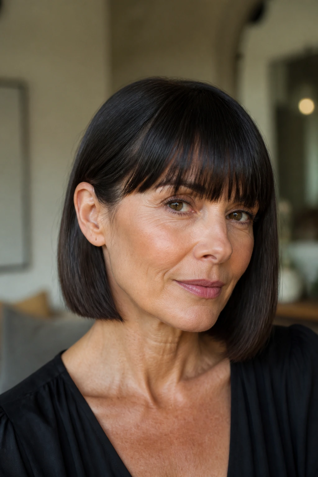 Portrait of a woman with a sleek one-length bob and brow-grazing fringe