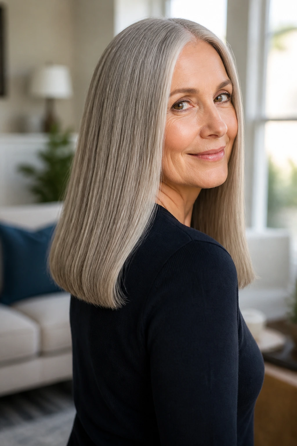 Portrait of real woman with sleek one-length hair that swings
