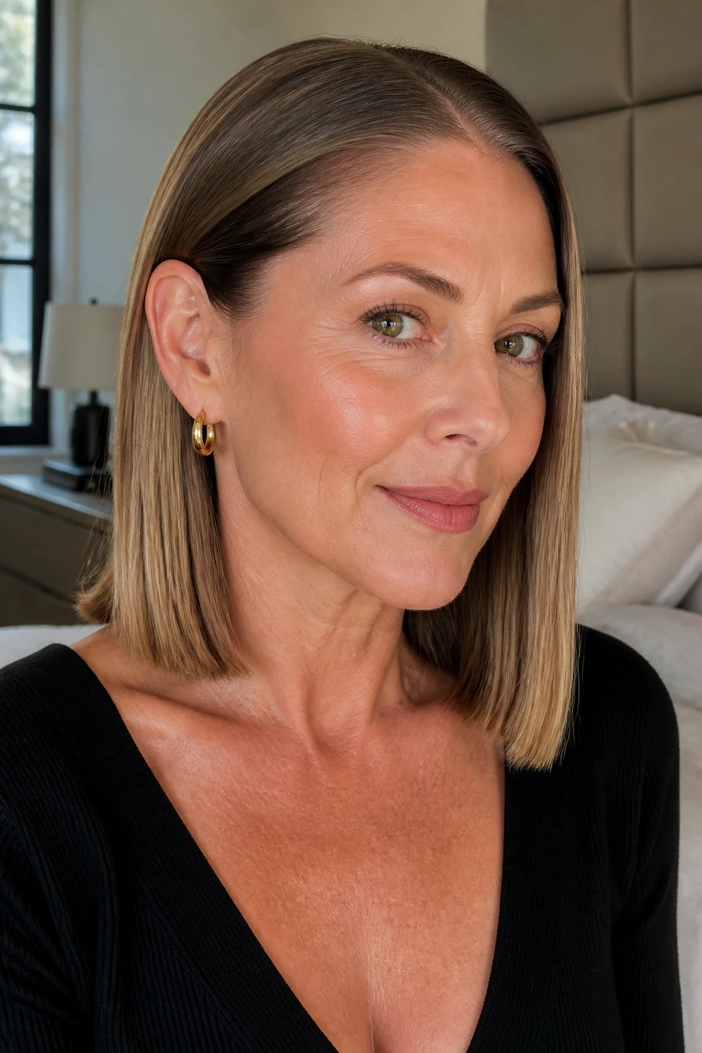 Close-up of a real woman with a sleek one-length lob
